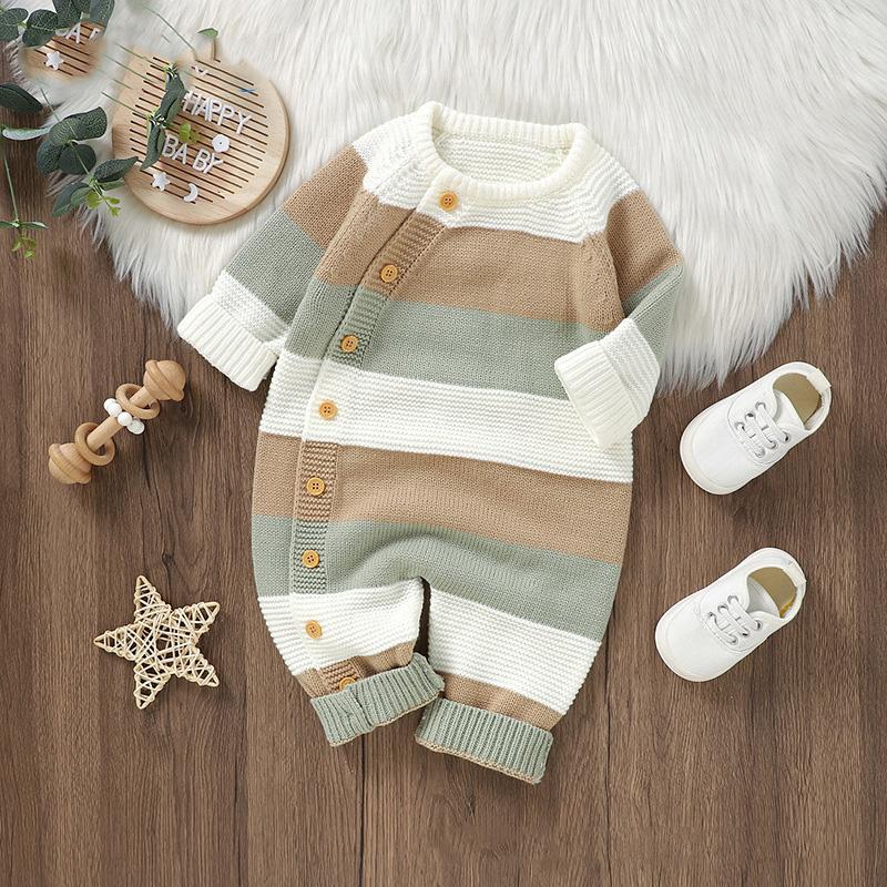 Winter Baby Rompers Clothes Warm Knit Striped Romper Boys Girls Jumpsuits Fall One Pieces Autumn Infant Unisex Playsuits