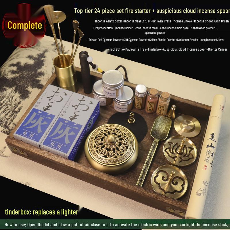Kodo Set: Brass Ash Press Incense Burner & Pure Incense Powder with Dazuan Seal Mold for Home Use