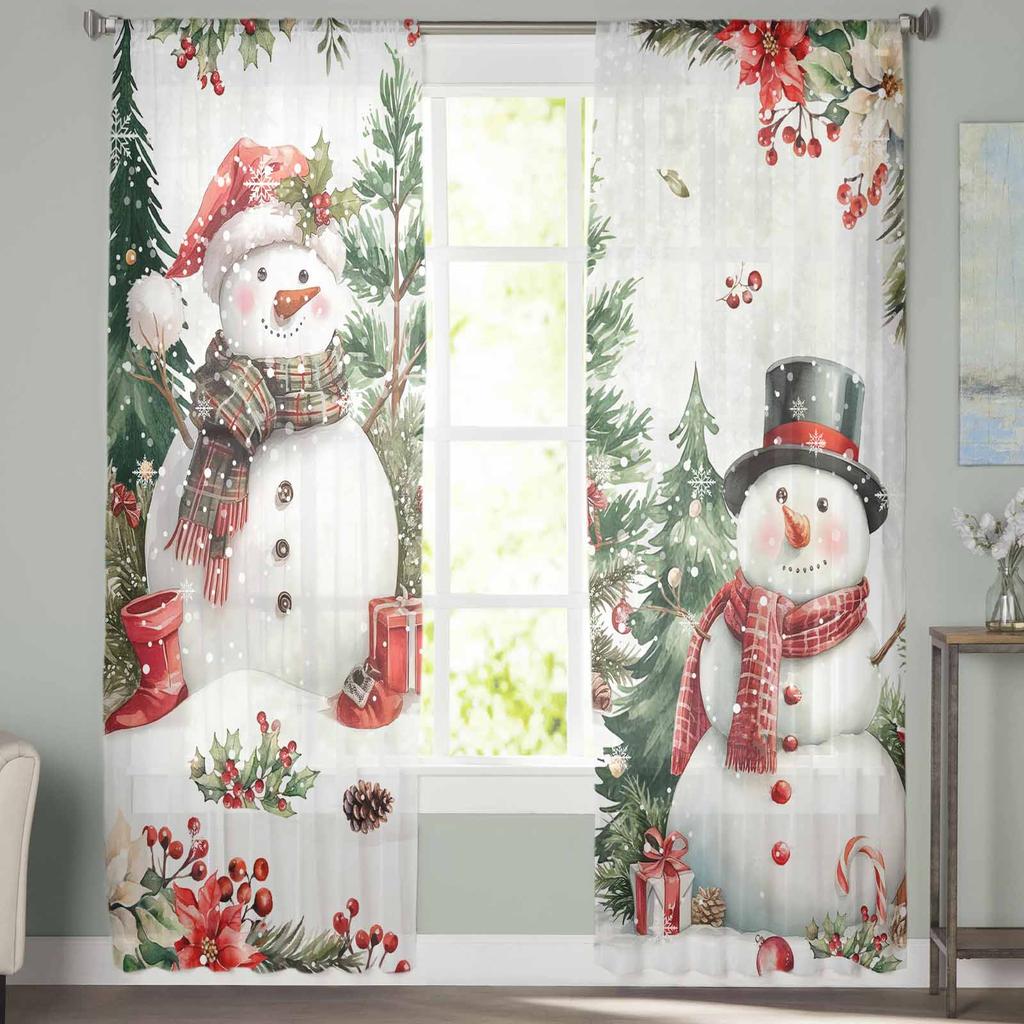 Christmas Winter Snowman Tree Poinsettia Sheer Curtains Modern Gauze Curtain for Living Room Bedroom Voile Yarn Curtains