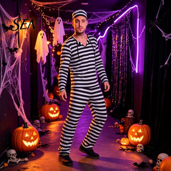 Prison Uniforms Prisoner Costume for Adult, Women Striped Mini Dress, Men Top Pants Pants, Halloween Dress-Up Jail Inmate Uniform with Hat &