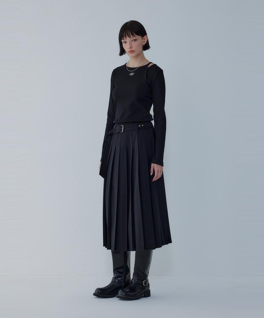 Bobeu Stretch Belted Pleated Skirt_Black 7156135002