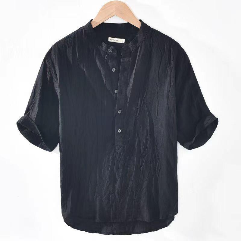 Men's Retro Linen Leisure Solid Color Short-Sleeved Top, Raw Linen V-neck Slightly Wrinkled T-shirt, Original Ecology