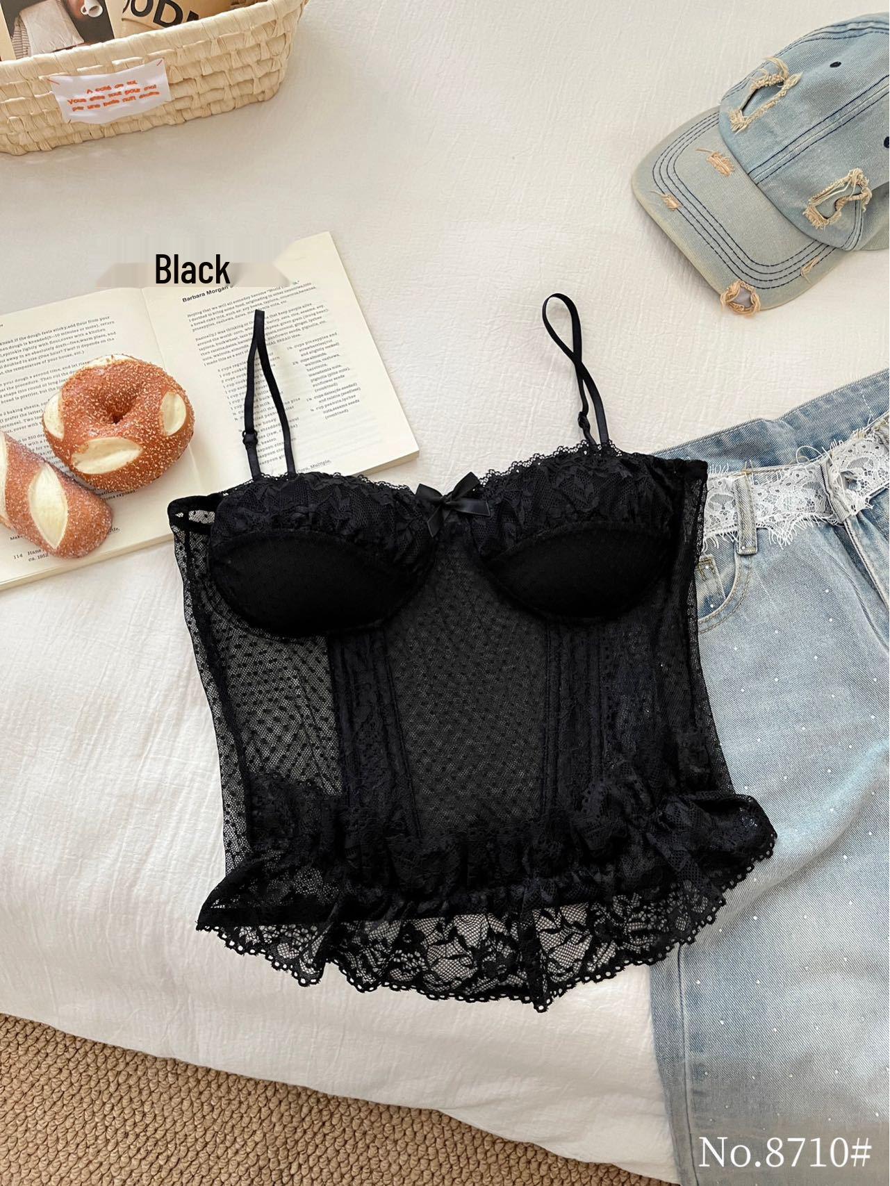 

Polka Dot Lace Fishbone Bandeau Top with Chest Pads for Young Women One Size чёрный