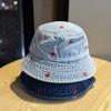 Spring and summer versatile heart-embroidered blue denim bucket hat for women, with wide brim that makes the face look smaller, provides sun