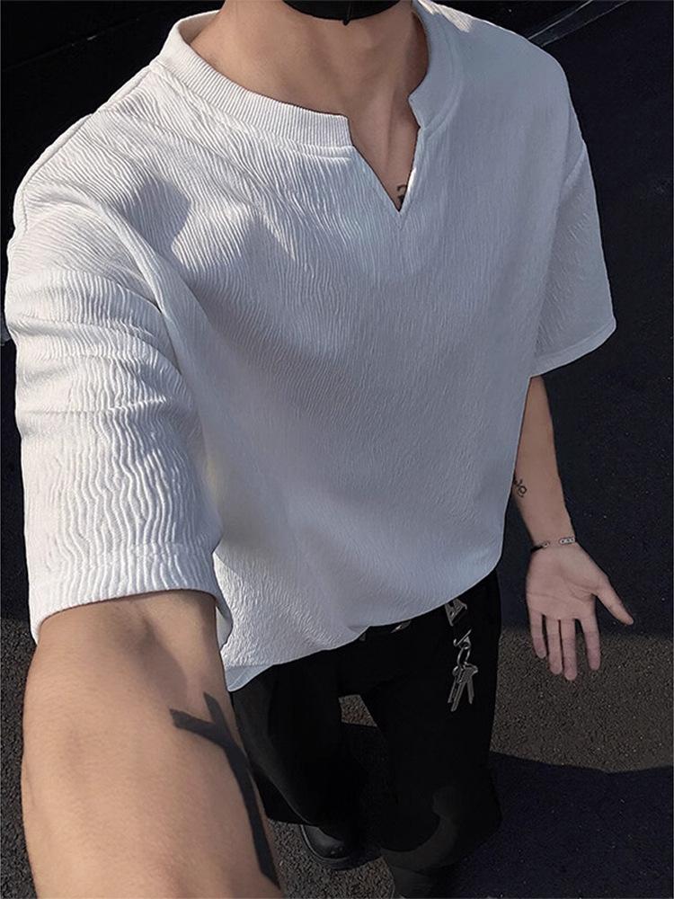 Texture Pleated V-Neck T-Shirt Short-Sleeved Men S Summer Thin Breathable Bottoming Shirt With American Half-Sleeved T-Shirt Men S M белый