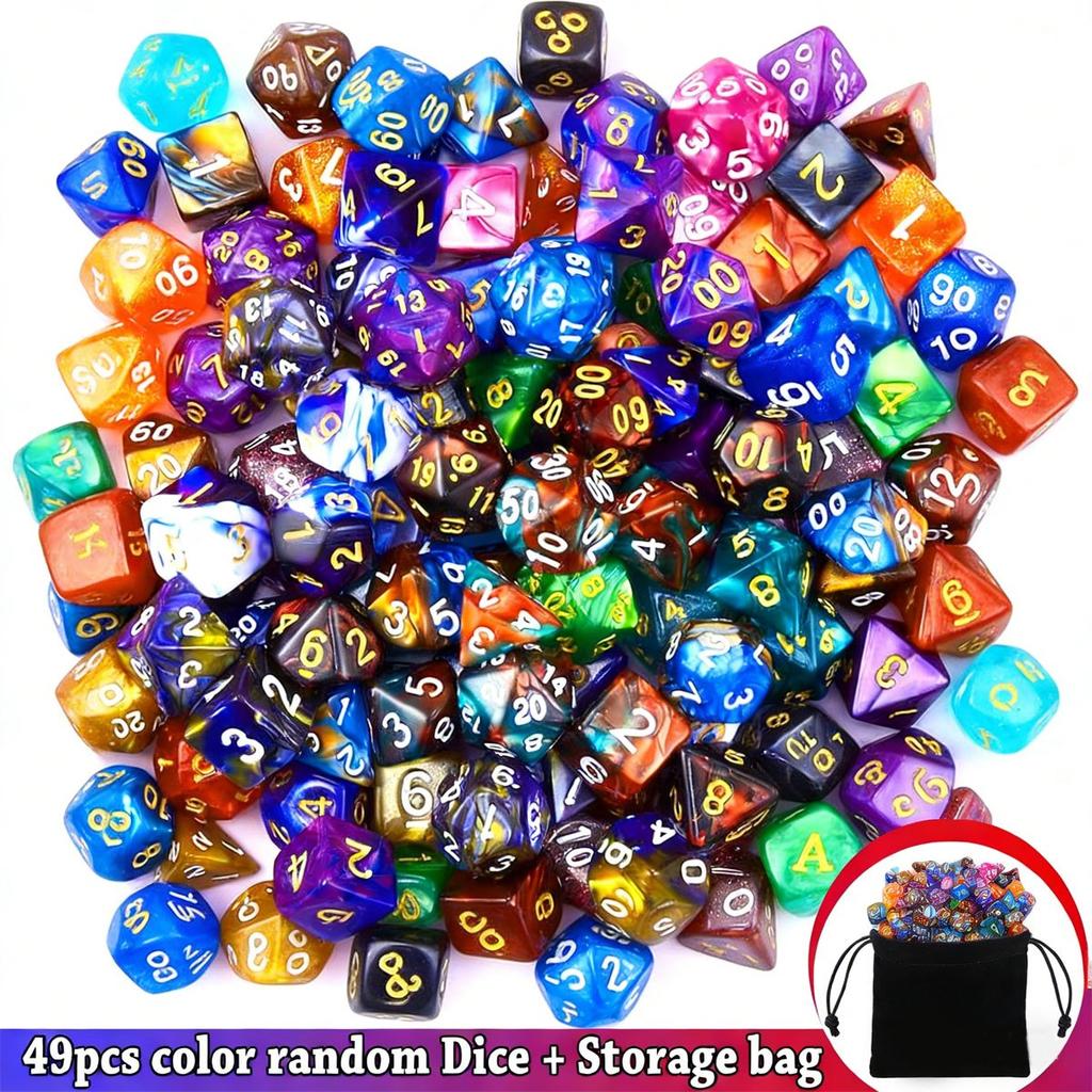 49Pcs Polyhedral Dice Set with 7 Black Storage Pouches - 7 Complete Sets D4/D6/D8/D10/D%/D12/D20 for DND, RPG,ZSY