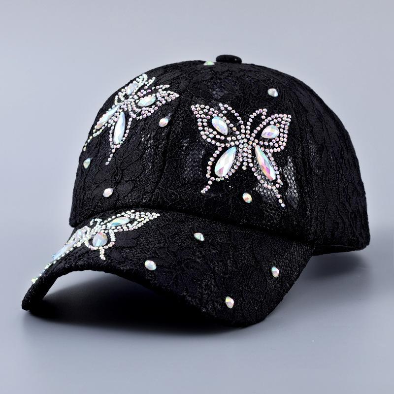 New Rhinestone Butterfly Flower Baseball Cap Women's Spring and Summer Breathable Lace Fashionable and Elegant Curved Brim Cap Batch