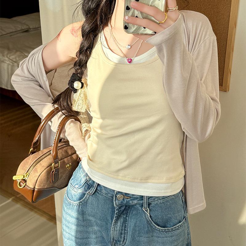 Women Crew Neck Fake Two Piece Sleeveless Tank Top Casual Slim Fit