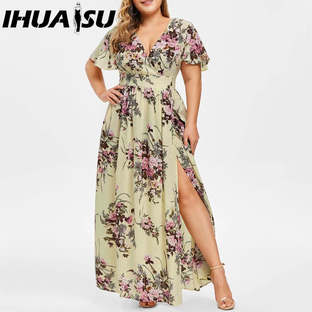 IHUASU L-5XL Women's Fashion Summer Spring Short Sleeve V-Neck Casual Dresses