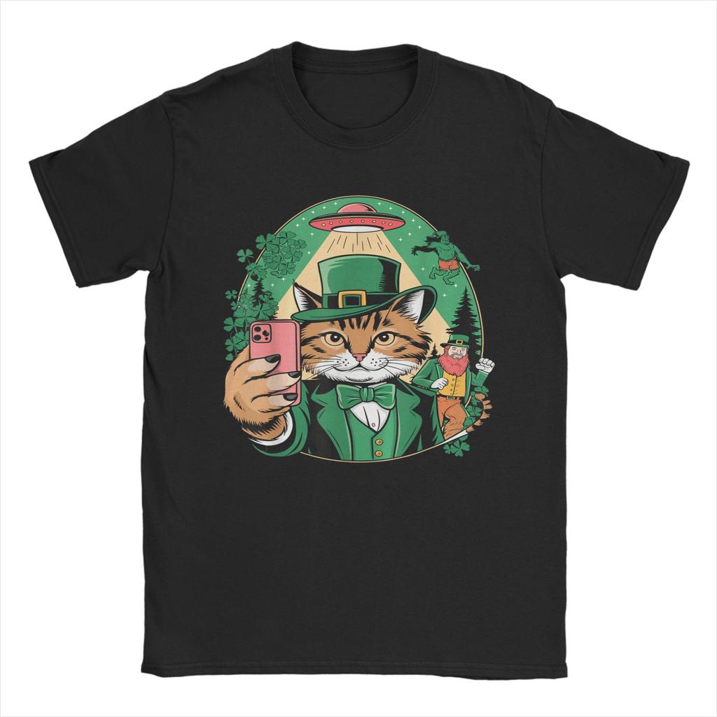 St Patricks Day Cat Selfie with Leprechaun Funny Photo T Shirt Beach Cotton T Shirts For Unisex Harajuku Casual Tee Shirt