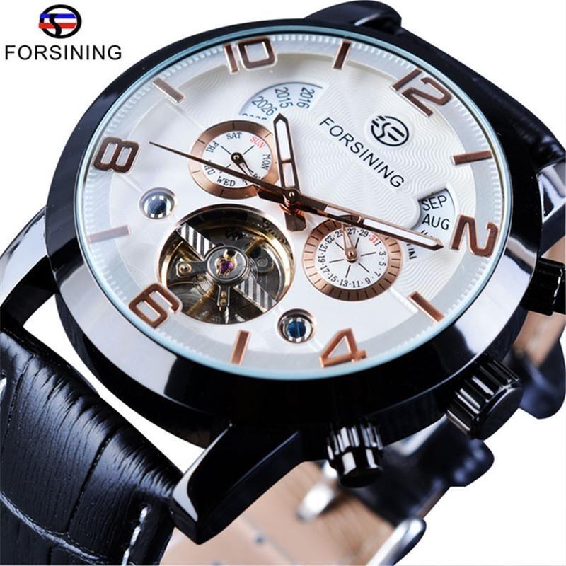 FORSINING Men's Tourbillon Mechanical Watches Calendar Automatic Movement Genuine Leather Strap Wrist Watches