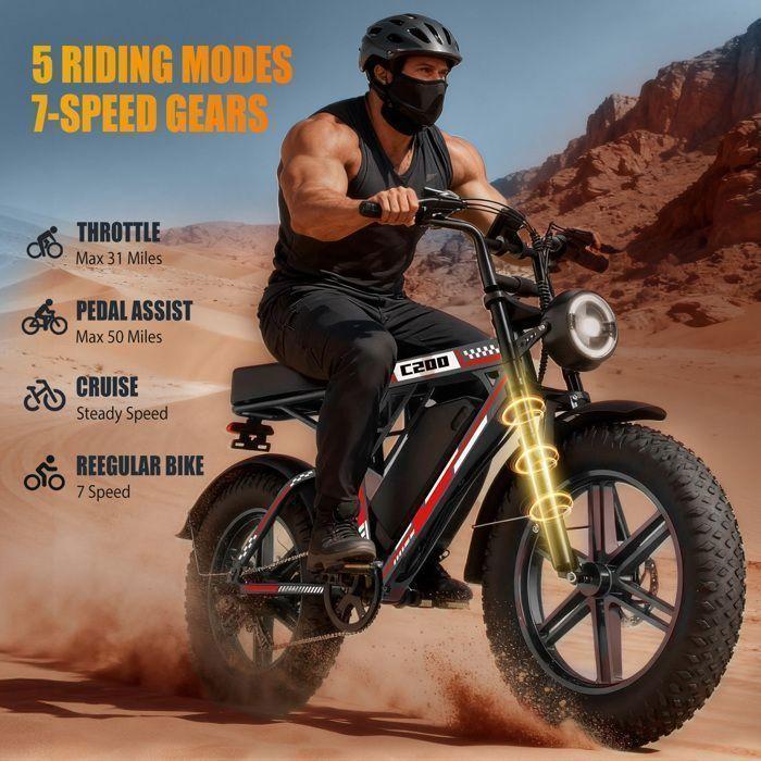 OOKTEK Vélo électrique 1000W 20"-48V 17,5AH-Fat bike tout terrain-50KM/h-150kg-Vtt électrique adulte Suspension intégrale-C200 Noir