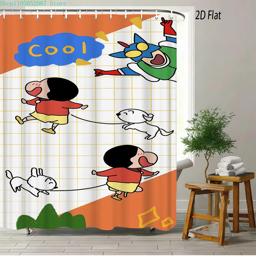 Crayon Shin-Chan & Shiro Checkerboard Pattern With Camera & Radio 2D Print Waterproof Shower Curtain, Yellow & White Bathroom De