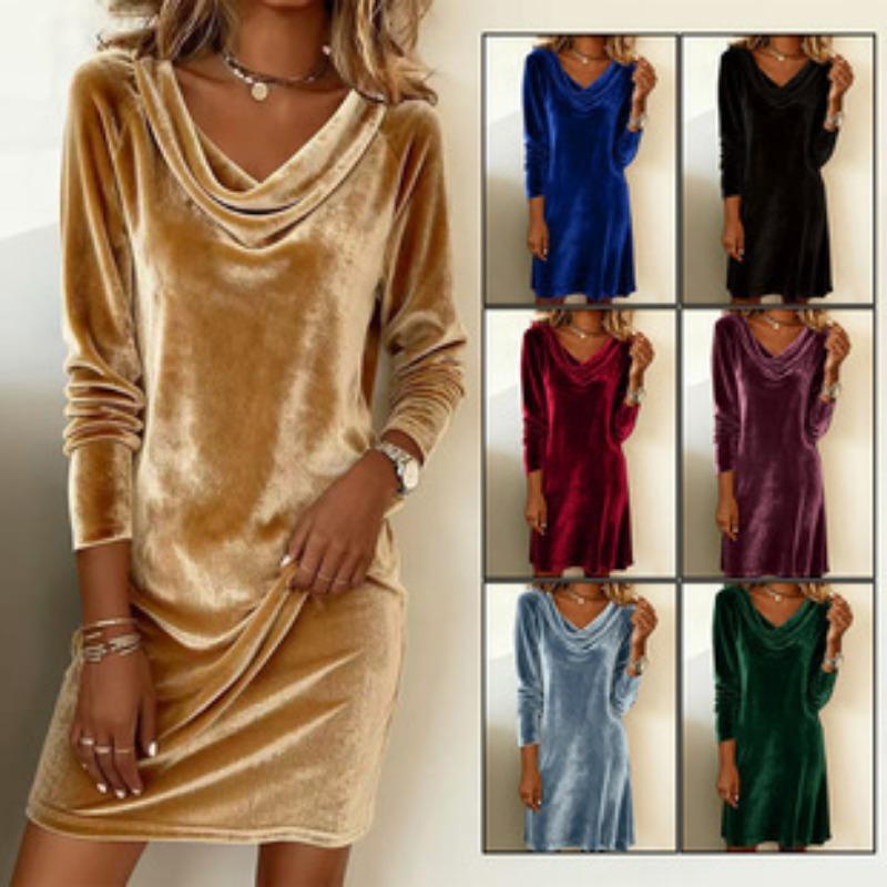 Women Elegant Velvet Cowl Neck High Waist Slim Fit Long Sleeve Midi Dress