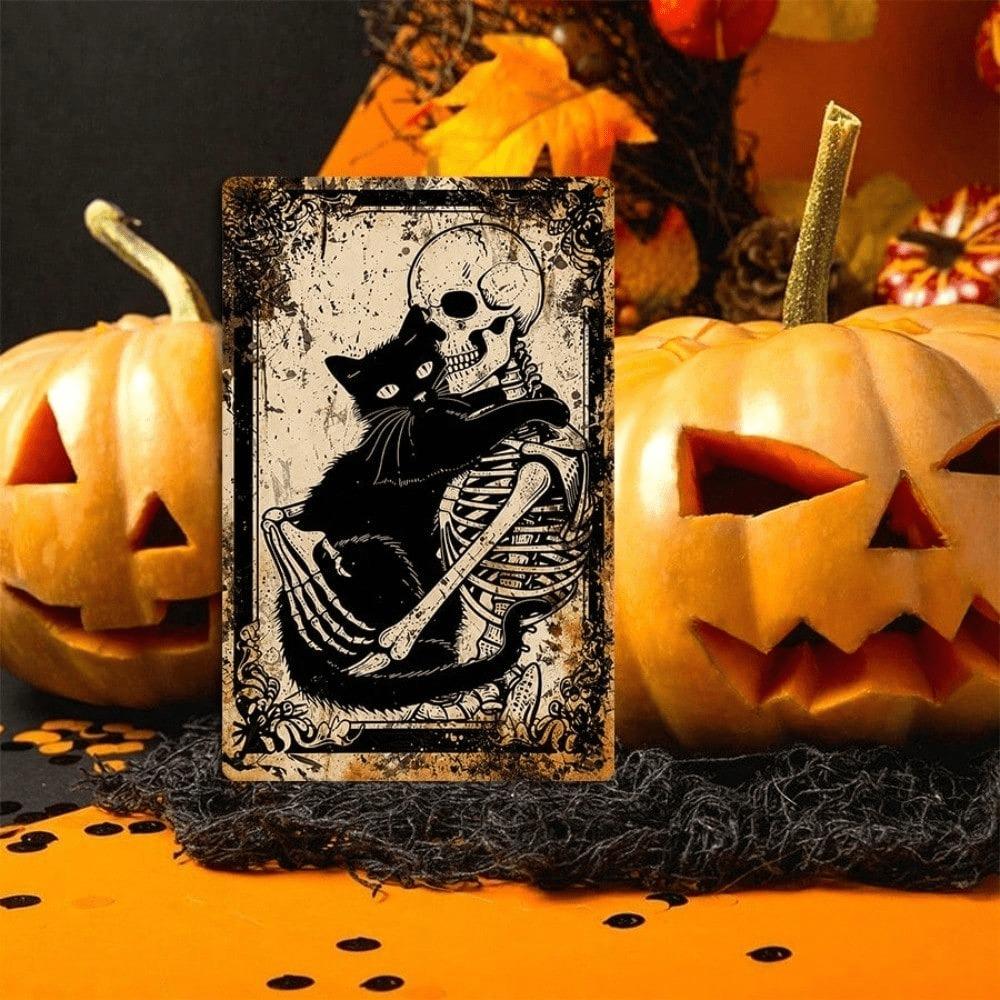 Vintage Metal Tin Sign, Skeleton Hugging Black Cat Gothic Retro Spooky Wall Plaque, 8x12 Inch Durable Iron Halloween Decor