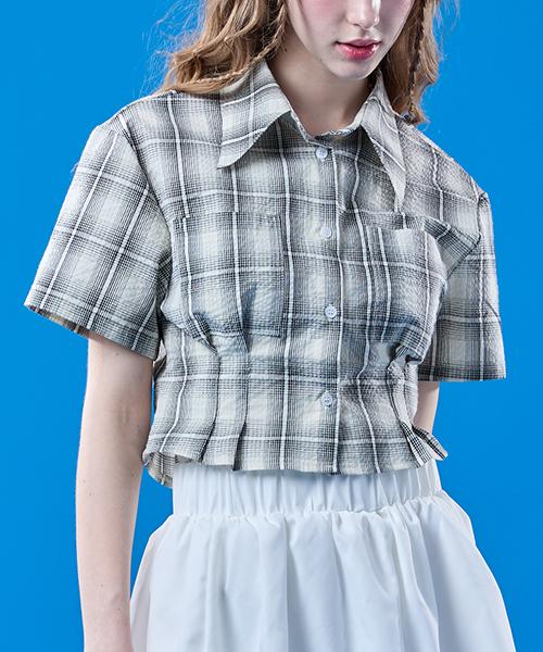 KOLEAT Summer Resort Check Cooling Slim Crop Short Sleeve Shirt [Ivory]