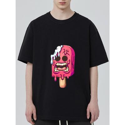 T-shirt in Cotone Nera Stampa Cartone Animato Gelato che si Scioglie per Abbigliamento Casual