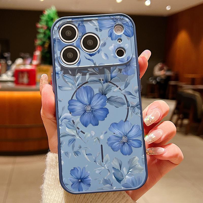 Magnetic For Magsafe Case For iPhone 17 Pro Max Pale Blue Flowers Pattern Skin Feeling Cover For iPhone 16 15 14 13 Pro Max