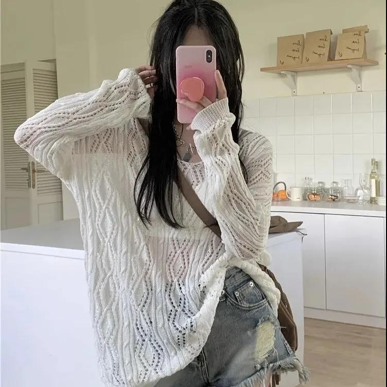 Hollow Sunscreen Blouse Ins Spring Loose Lazy Wind Halter Blouse Women's V-neck Knitted Blouse