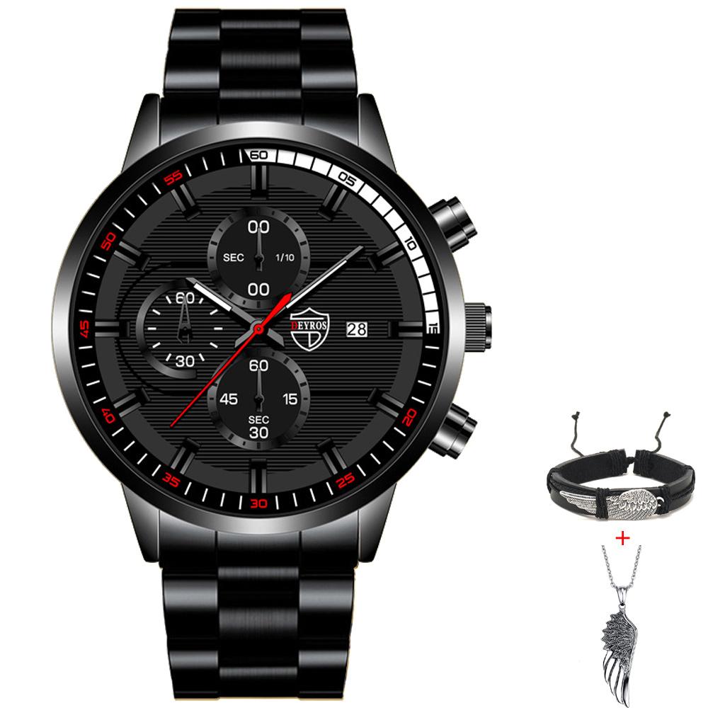 Fashion Men's Calendar Watch Mens Stainless Steel Wristwatch Casual Man Quartz Watches Bracelet Necklace Set Date Clock