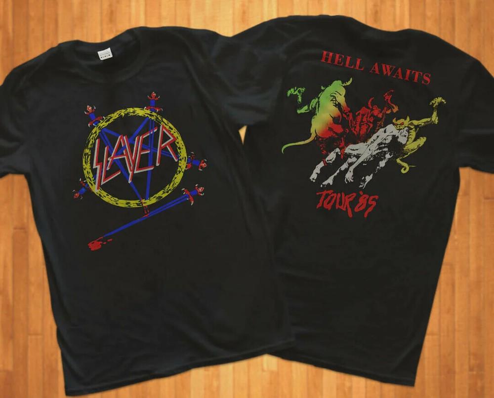 SLAYER TOUR 1985 T-SHIRTHELL AWAITS METAL ROCK THRAS T SHIRT Unisex T-Shirt XXXL