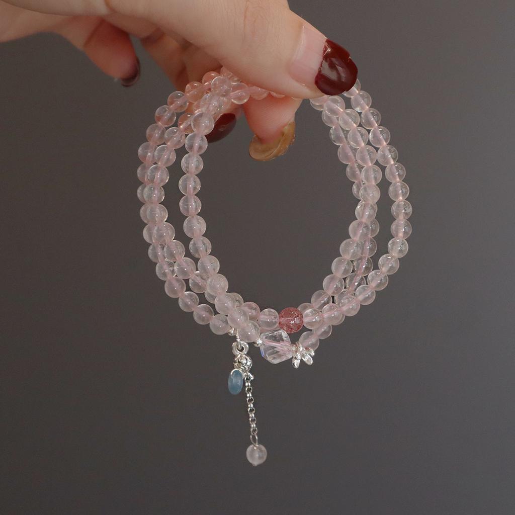 Natural Pink Crystal Bracelet Women's Fashion Design Three Circles Aquamarine Safety Buckle Light Luxury Sense Sweet