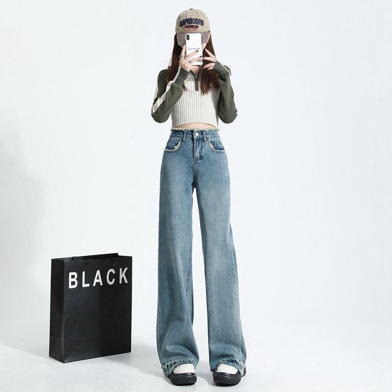 Women's High-Waist Wide-Leg Straight Jeans - 2023 Trendy Loose Fit for Spring & Autumn