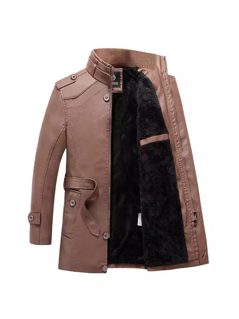 Specially for men's leather jackets, thickened and velvet green middle-aged casual medium and long thermal cotton clothes, medium and long styles