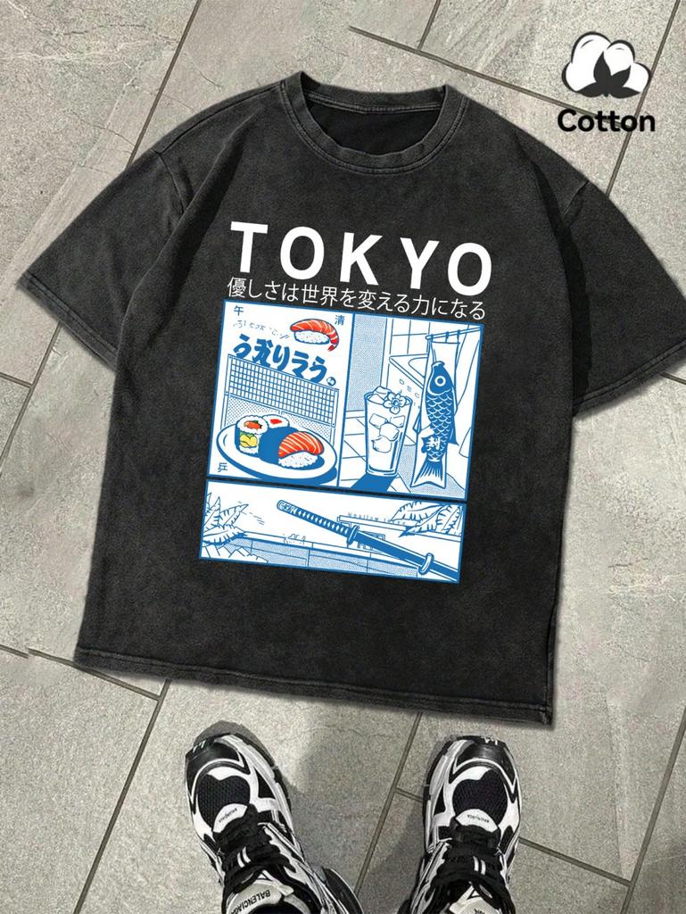 Fresh Sushi In Tokyo Printing Washed TShirt MenS Cotton Oversize T Shirts Basic ONeck Distressed Tops Summer Male Clothes
