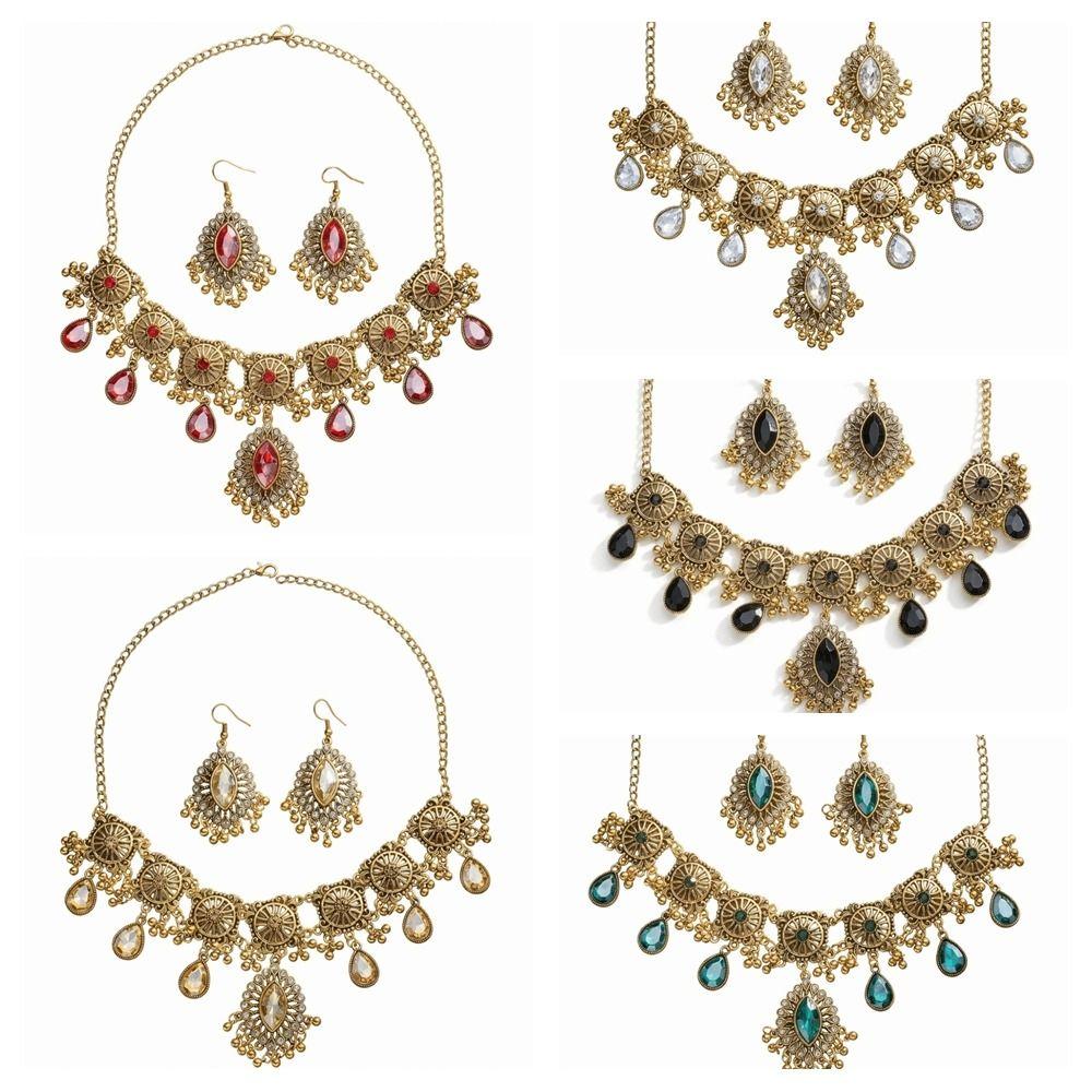 Metal Necklace Earrings Set Bohemia Style Ethnic Style Necklace Set Rhinestone Jewelry Set Women