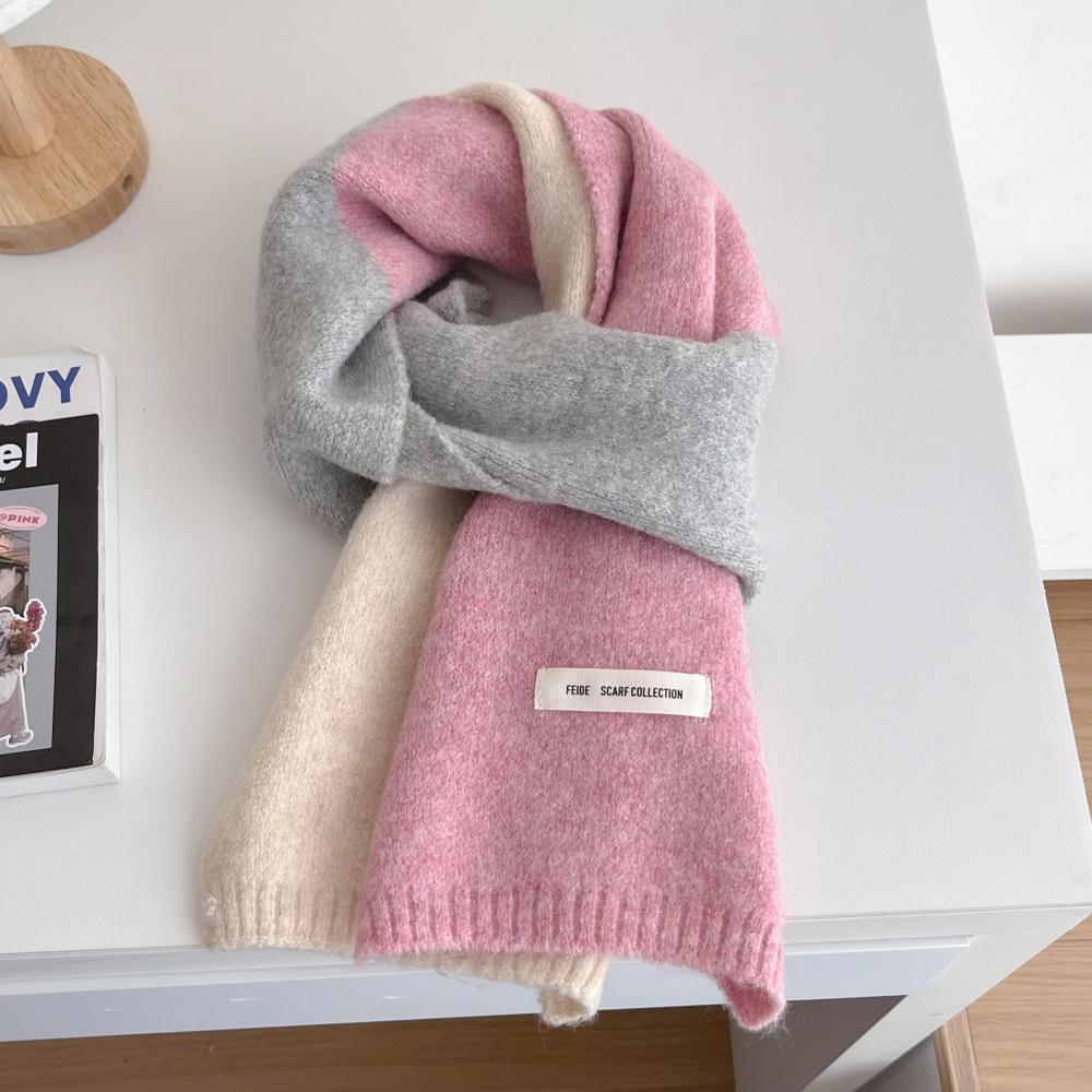 Winter New Three-color Color Matching Contrasting Scarf Women's Wool Knitted Warm Shawl Trendy Universal Scarf Men's Versatile