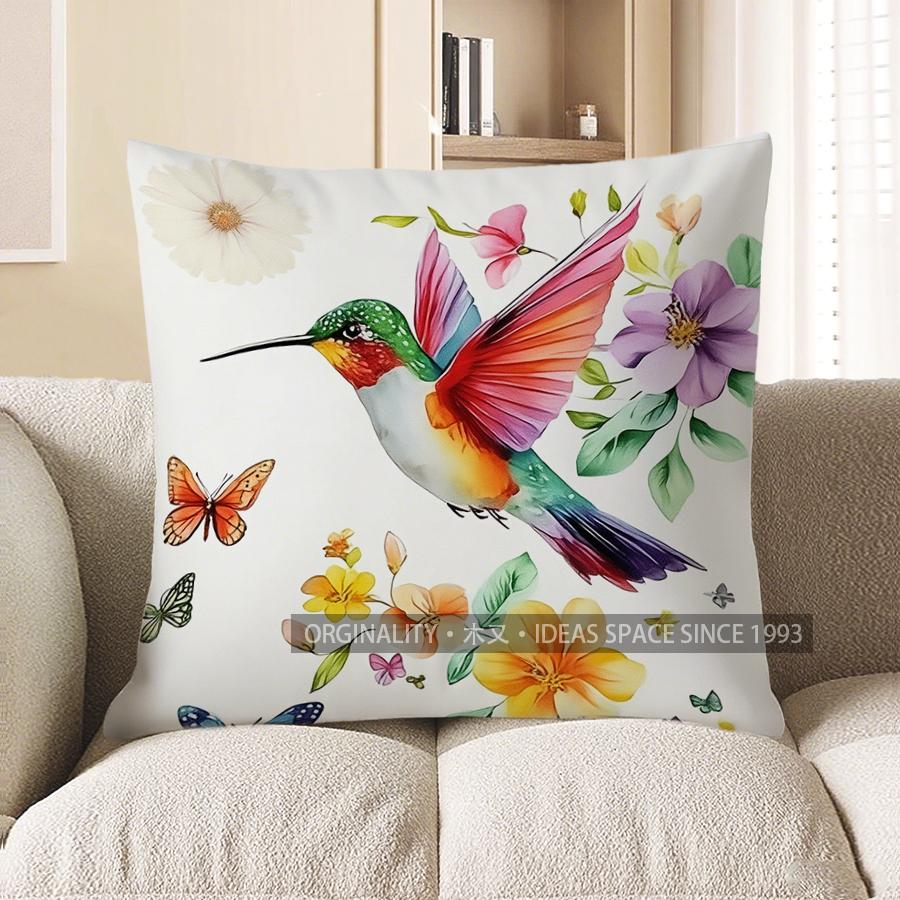 Home Decor Colorful Hummingbird With Flowers And Butterflies Pattern Cushion Cover Suitable For Sofa Bedroom Car Pillow Cover