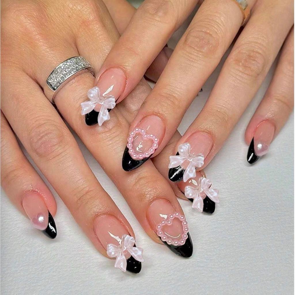 24PCS Simple Black Polka Dots French Press On Nails Full Cover 3D Bowknot Pearl Almond Fake Nails for Women Ins Nail Fashionable
