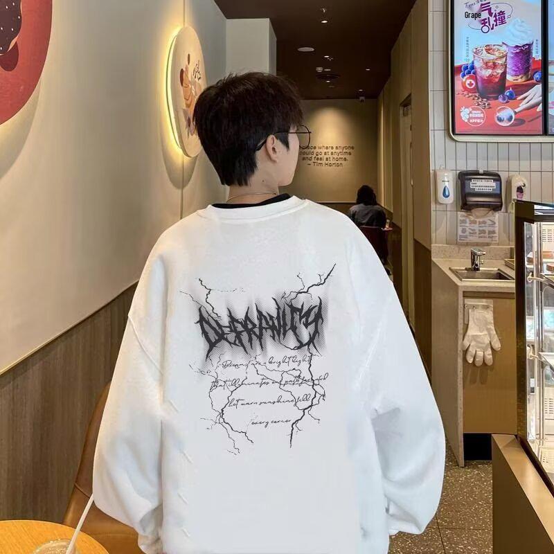 American Trendy Men's Crewneck Hoodie - Autumn/Winter 2025, Plus Velvet, Loose Fit, Long Sleeve, Base Layer