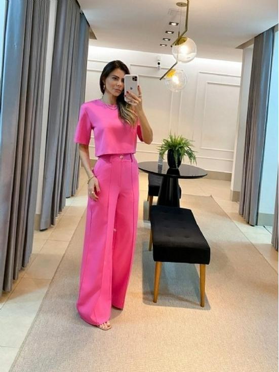 Set Casual de Camiseta de Manga Corta con Cuello Redondo y Color Sólido para Mujer Europea y Americana y Pantalones de Pierna Ancha