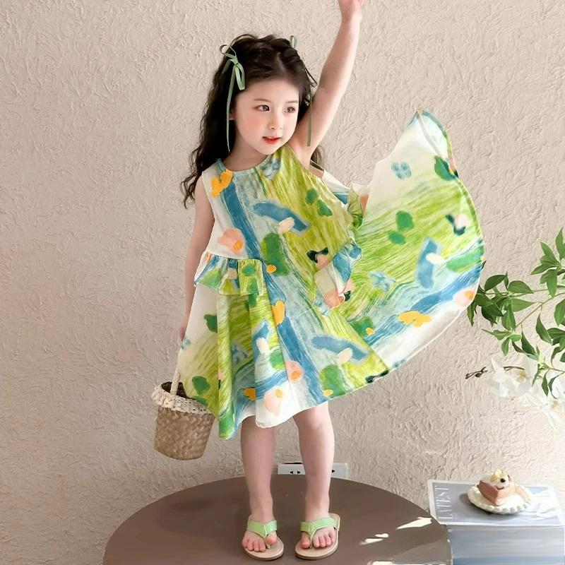 Girls' Summer Dresses, Western Style Baby Seaside Vacation Skirts, Summer Children's Graffiti Skirts