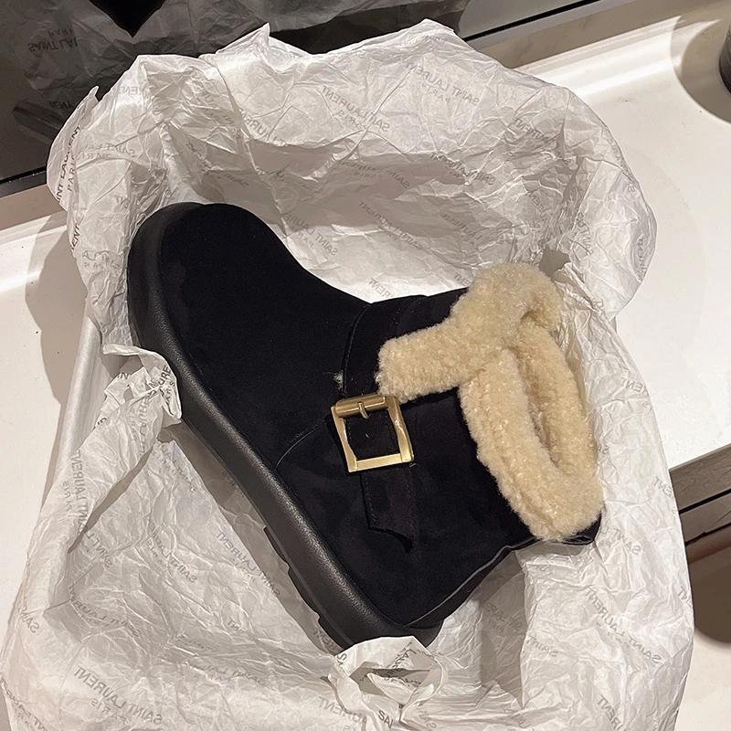 Fashion Flats Women Suede Ankle Boots Belt Buckle Plush Warm Shoes Woman Fashion Designer New 2025 Trend Winter Casual Cozy Botas Mujer
