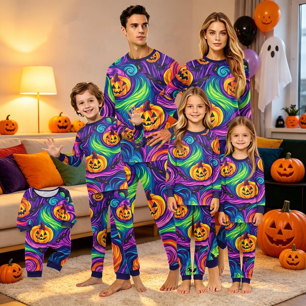 Family Matching Halloween Printed Pajama Set Long Sleeve Top and Pants for Holiday Loungewear