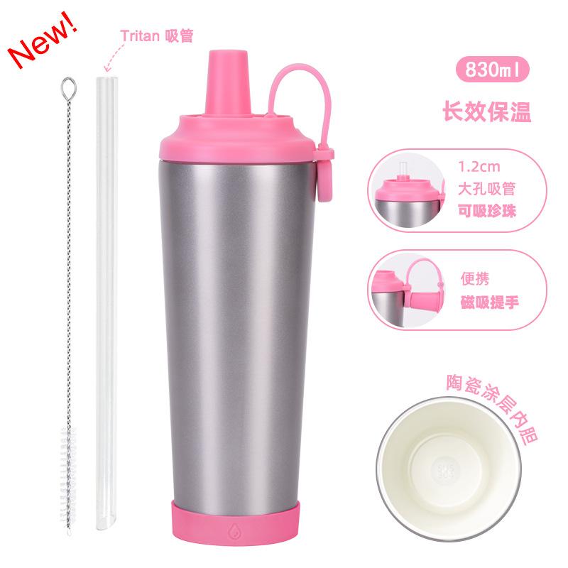 830Ml Ceramic Coated Stainless Steel Straw Cup Can Suck Pearl Portable Magnetic Handle Thermos Cup