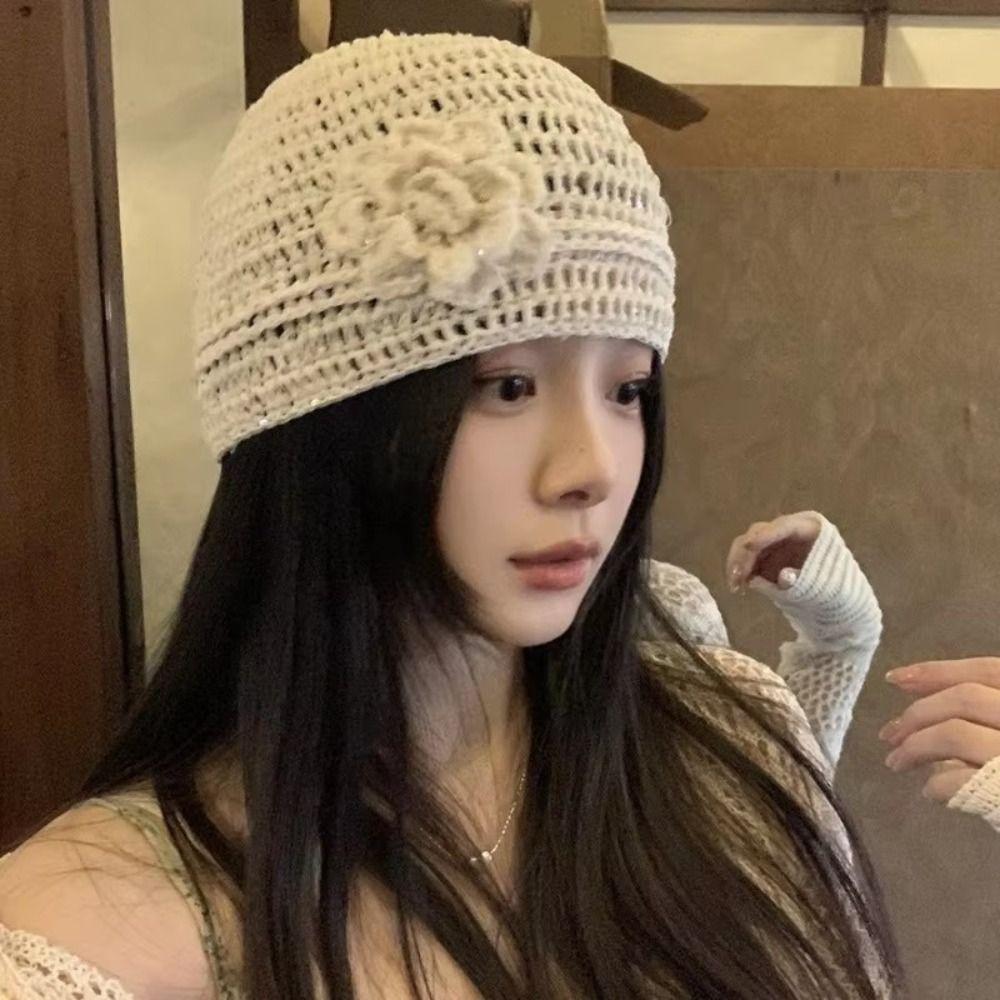 Y2k Flower Knitted Caps Hand-woven Beanies Cap Casual Sequin Crochet Hat  Spring Summer