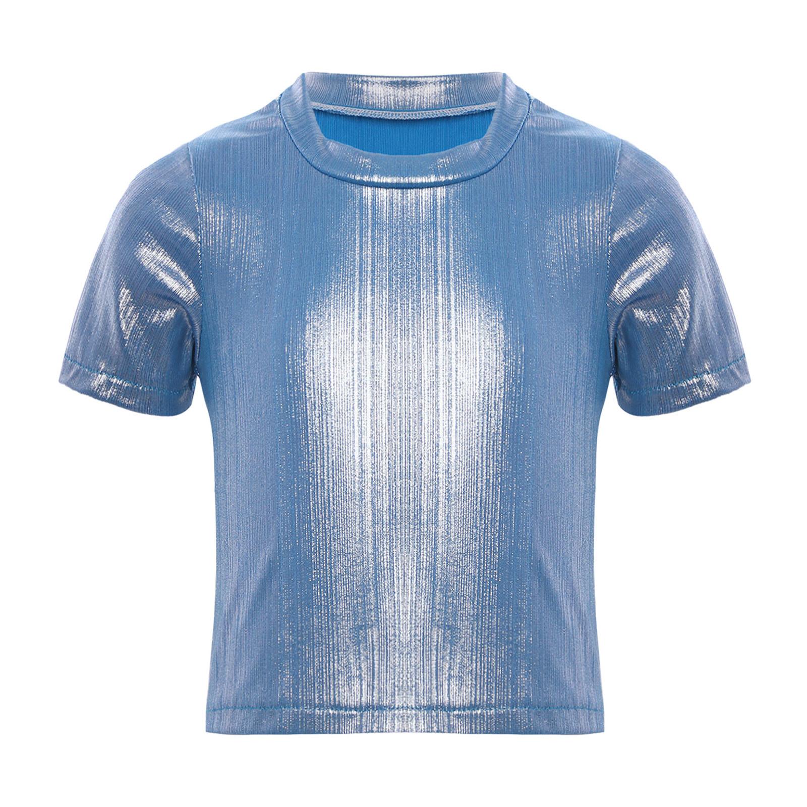 

Дівчата металевий мерехтливий укорочений топ з короткими рукавами та круглим вирізом футболка для практики хіп-хоп джазового танцю 14-15 Years синій