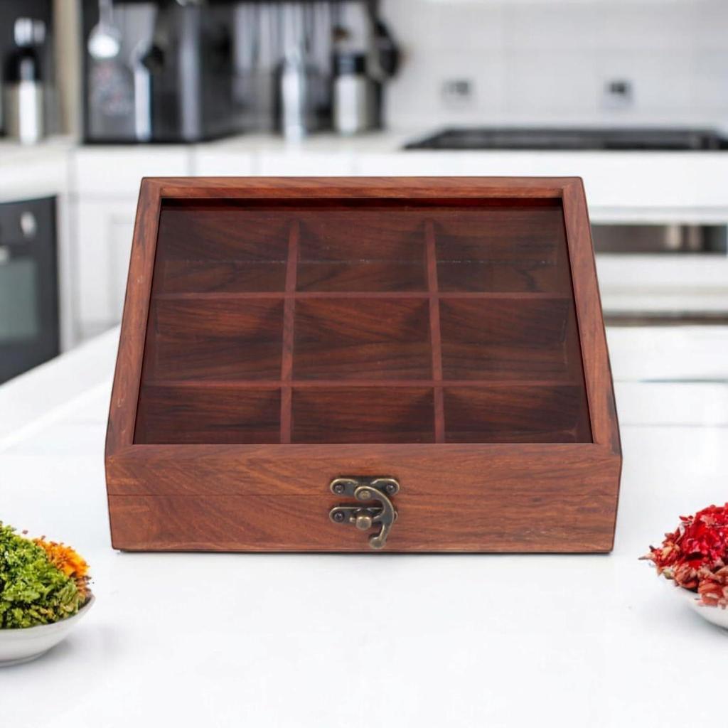 Wooden Spice Box With 9 Partitions & Spoon, Spice Container For Kitchen, Masala Dabba, Namakdani For Kitchen, Wooden Masala Box,