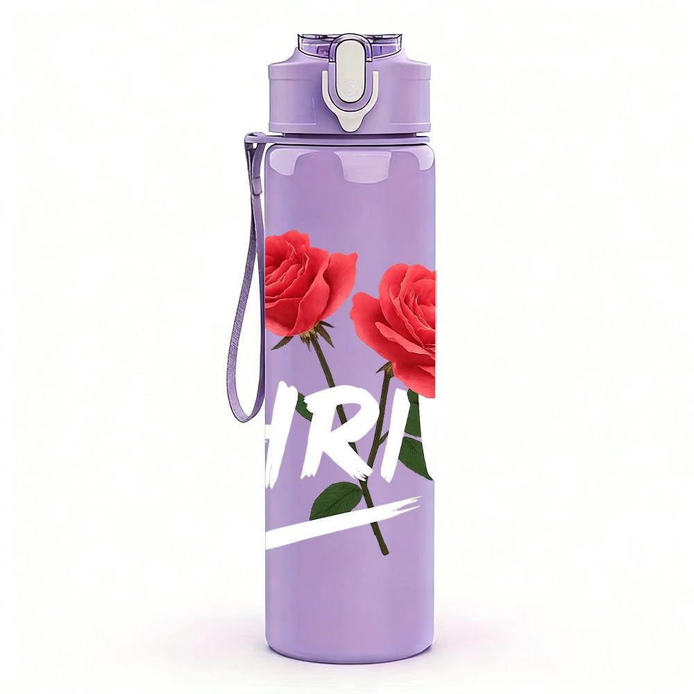 1PC Two Red Rose Flowers 750ml Color Plastic Sports Water Bottle Leakproof Flip Straw Lid Suitable for Sports Office Home Use