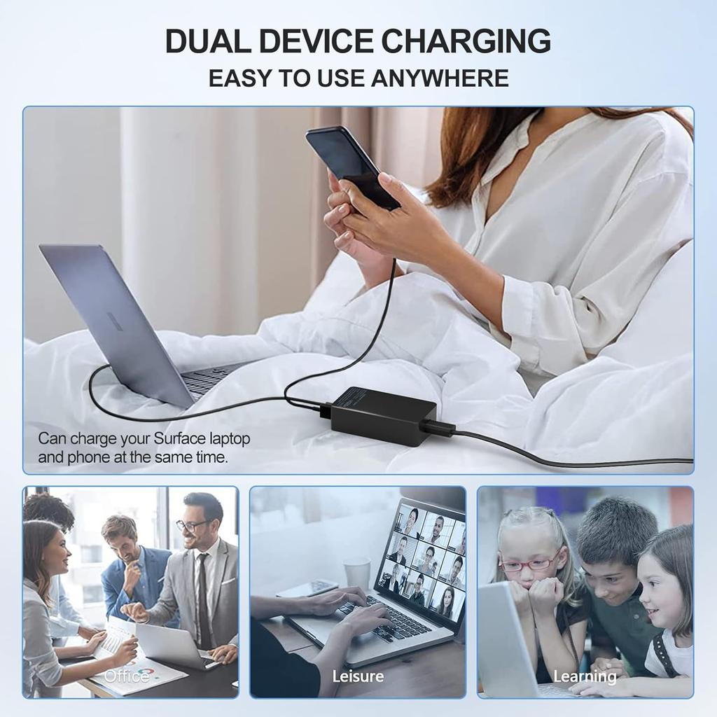 65W Surface Pro Laptop Charger for Microsoft Surface Pro 9, 8, 7+, 7, 6, 5, 4, 3, X, Surface Laptop 5 Studio i5 Go 3 2, Surface Go 4 3 2 1, Surface