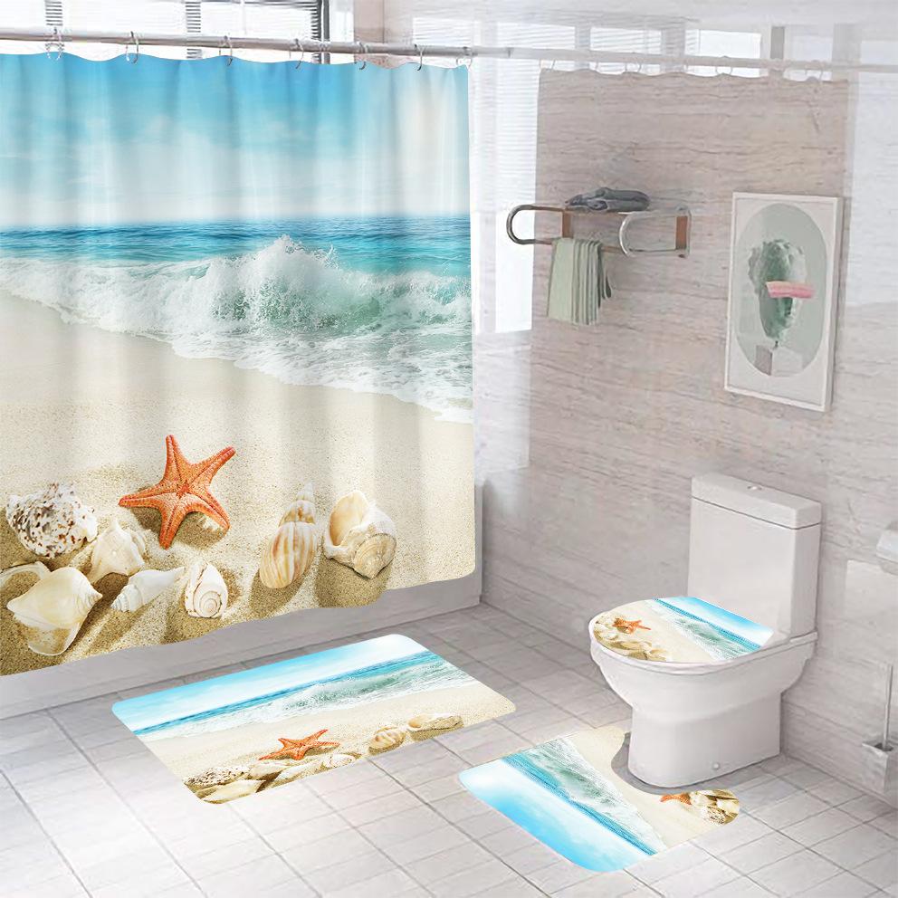 Bathroom Shower Curtain Four-piece Digital Printing Beach Shell Waterproof Shower Curtain Shower Curtain Partition Curtain Bath Mat