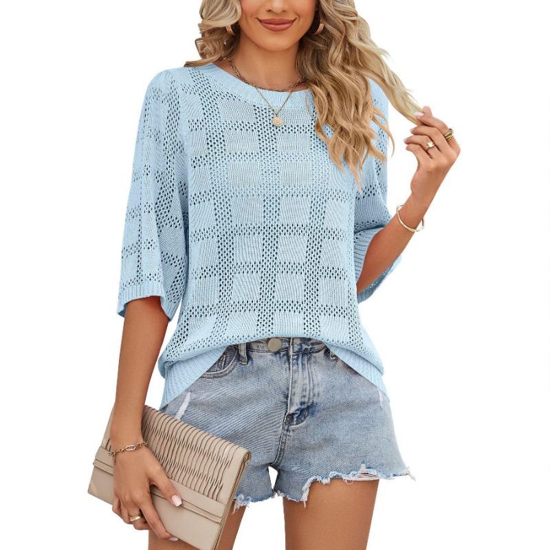 Neuer Sommer Damen Rundhals Hohl Sonnenschutzkleidung Gestrickter Pullover Bluse