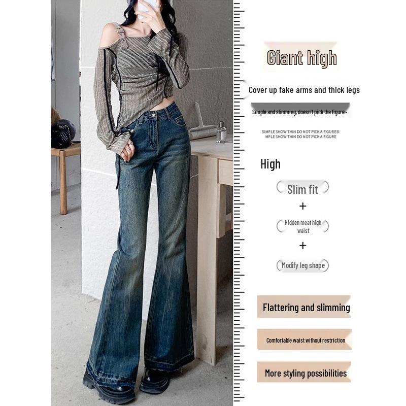 Blugi retro evazați cu talie înaltă pentru femei - Mărimi mari, Spălați cu margine nefinisată, Ideali pentru moda de toamnă/primăvară.