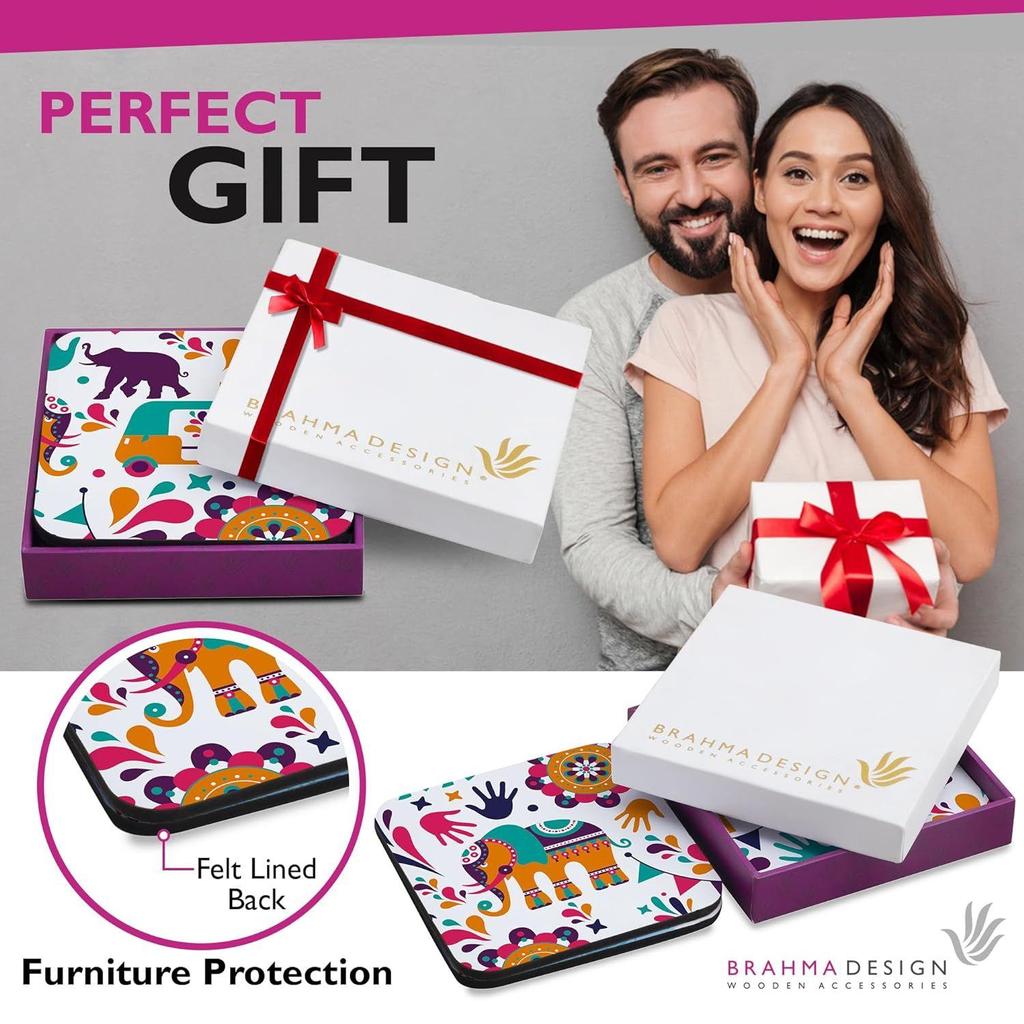 Set mit Geschenkbox, indisches Design, 4er-Set quadratische Untersetzer für den Tisch, 9,5 x 9,5 cm, Küchentisch, Holz-Dekorationsartikel für Tassen, Becher, Dosen, Gläser
