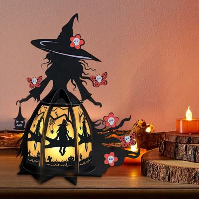 Halloween Witch Lantern 3D Spooky Lantern Light-up Table Centerpiece Gothic Bat Skull Witch Lamp for Home Mantel Entryway Tabletop Decoration