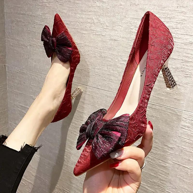 High Heels Woman PumpsLoafers Pumps with Bow on Heeled Pointed Toe Stilito Shoes for Women Promotion Offer Non Slip Stylish Sale 35 3980₽